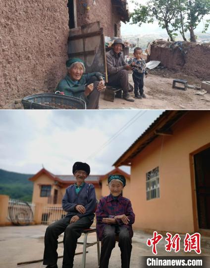 上圖為甲甲溝村村民羅木你坡夫婦所住的舊房，下圖為夫婦倆遷入的新居。(拼版圖) 張浪 攝